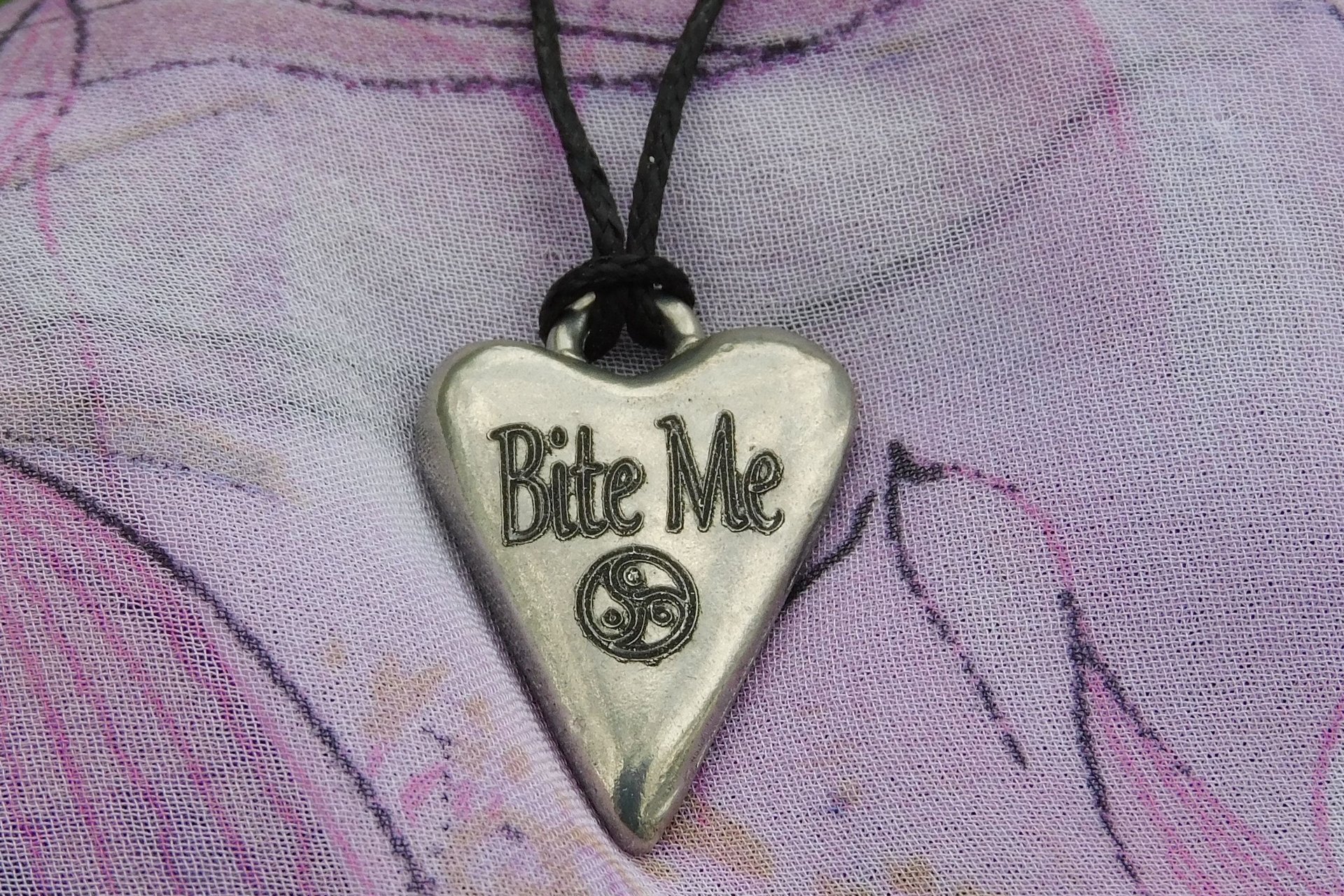 BDSM Bite Me Pendant, Erotic Sub Gift. Adjustable Waxed Cord. Hand Cast Pewter.