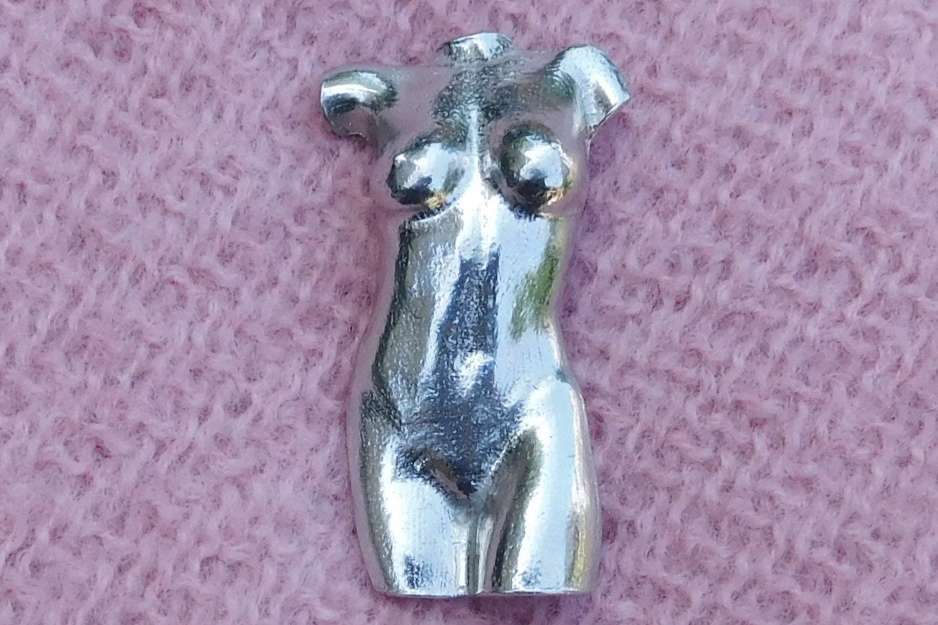 Female Torso Brooch, Hand Cast Pewter - Front View.