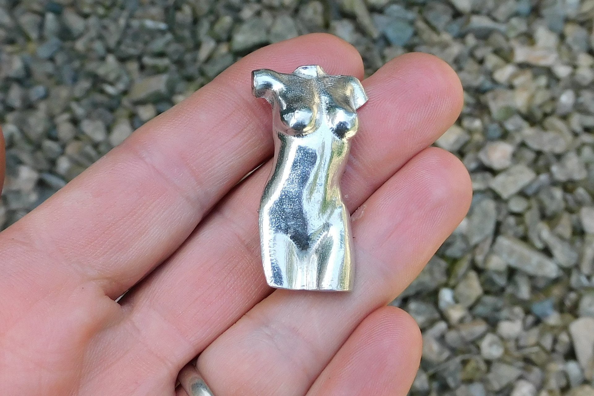 Female Torso Brooch, Hand Cast Pewter - Front View.