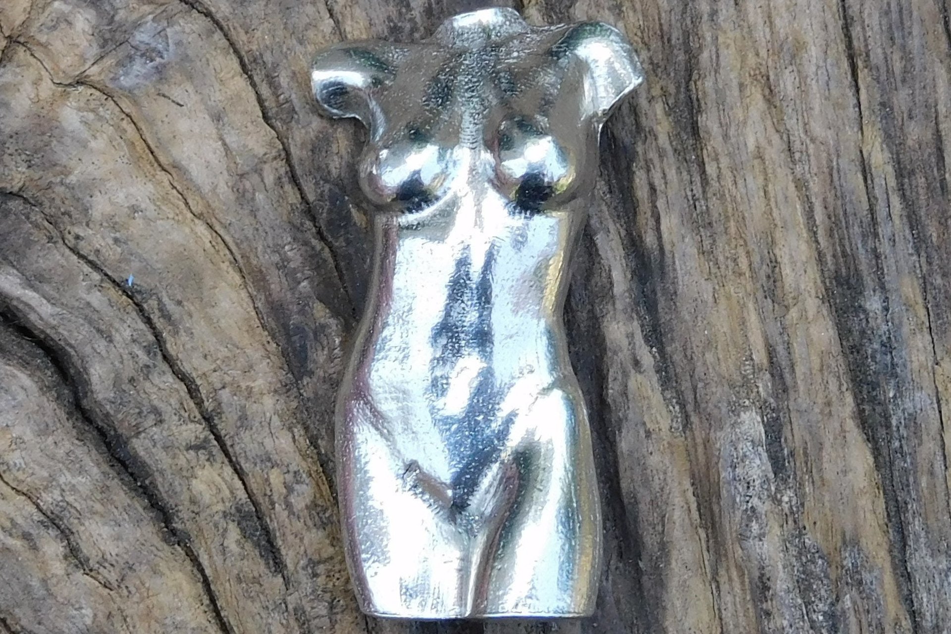 Female Torso Brooch, Hand Cast Pewter - Front View.