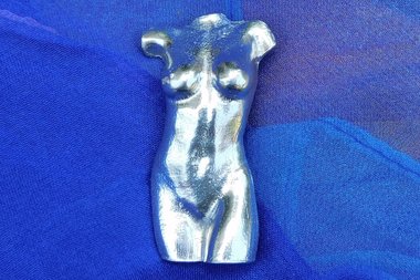 Female Torso Brooch, Hand Cast Pewter - Front View.